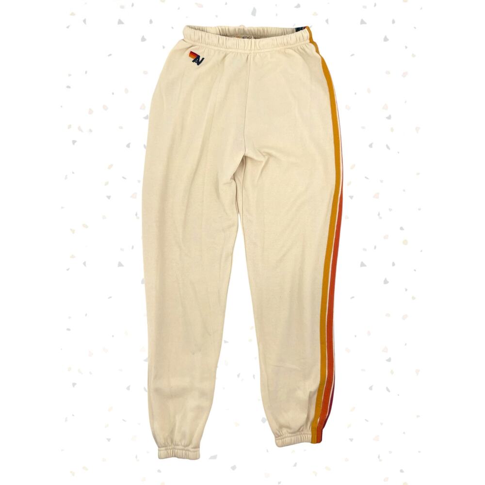 Aviator Nation 5 Stripe Vintage White Cream Rainbow Casual Fit Sweatpants Size M